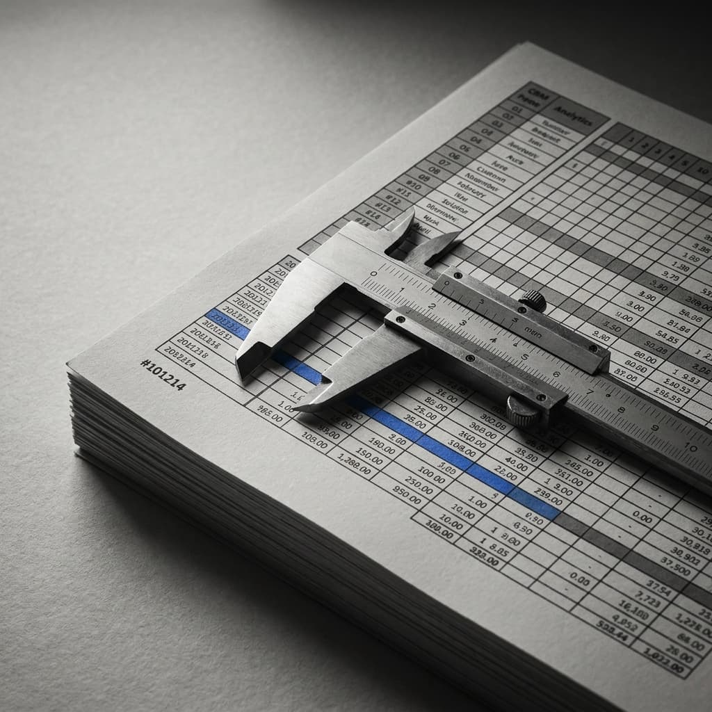 Calipers resting on a stack of printed ledger sheets