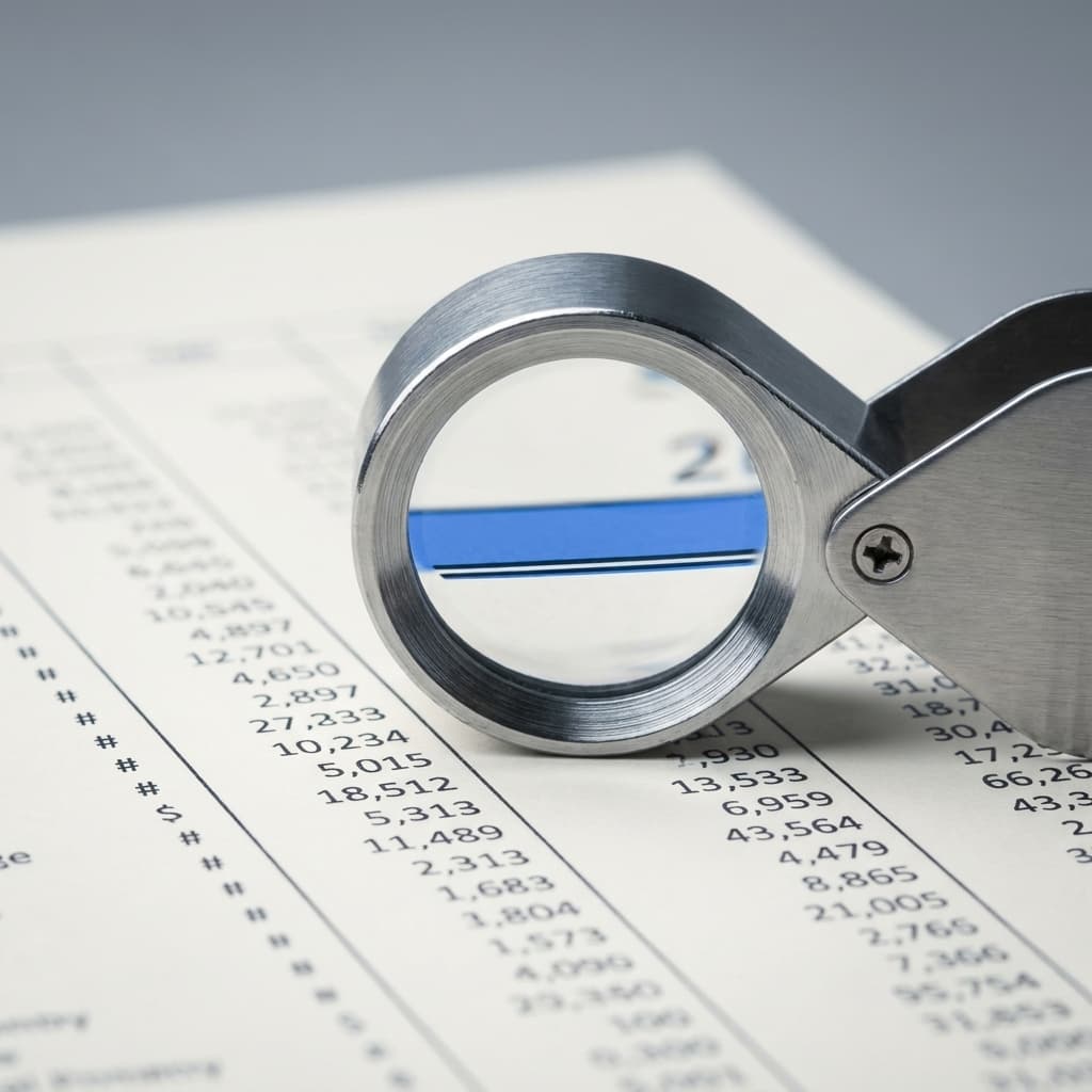 Loupe magnifier over a highlighted ledger line