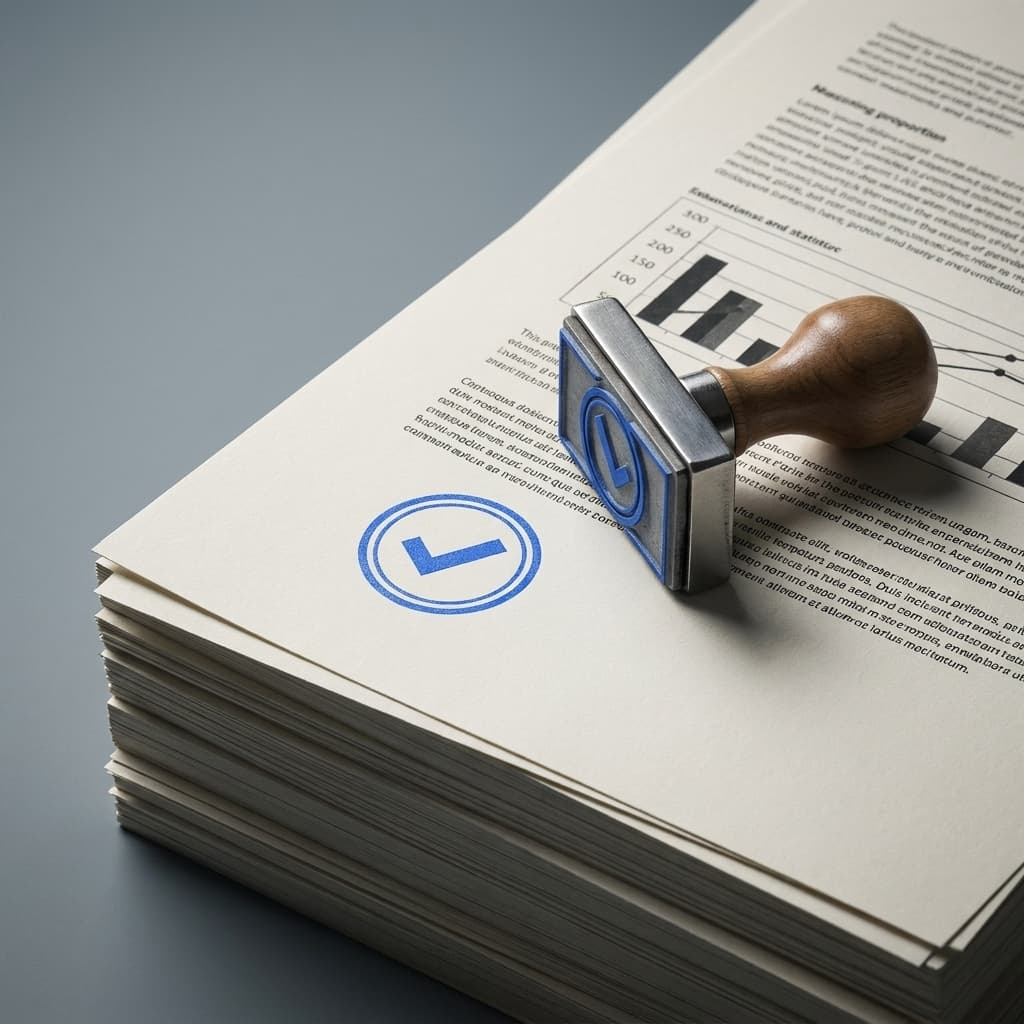 Rubber stamp beside a blue check impression on a report stack